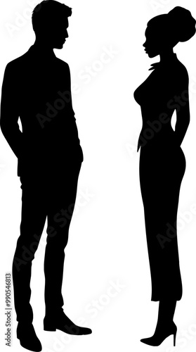Vektor Silhouette - Geschäftlich Mann und Frau im Gespräch - 2 Körper stehen voreinander im Business Outfit - Europäische und Afrikanische Kultur