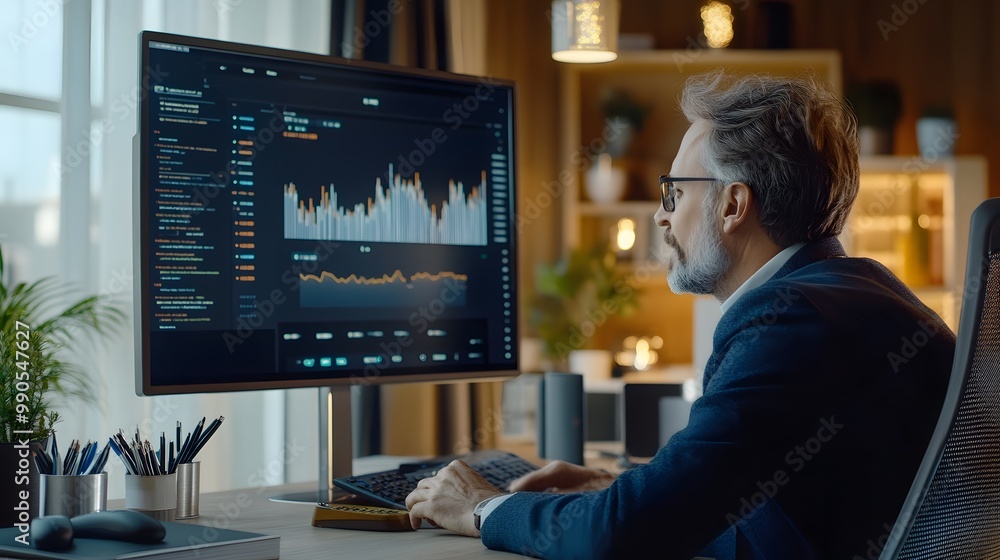 Businessman Analyzing Data on Computer Screen Businessman Analyzing Data on Computer Screen