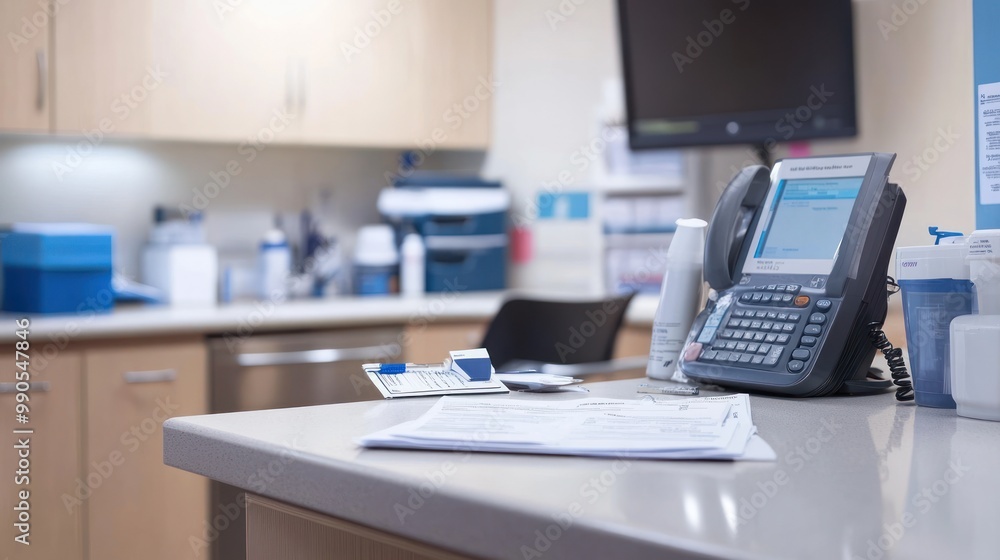 A medical office desk with a phone, documents, and organizational supplies. A medical office desk with a phone, documents, and organizational supplies.
