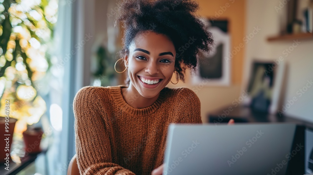 Smiling woman using laptop at home, wearing cozy sweater, natural light, serene environment, productivity, working from home concept Smiling woman using laptop at home, wearing cozy sweater, natural light, serene environment, productivity, working from home concept