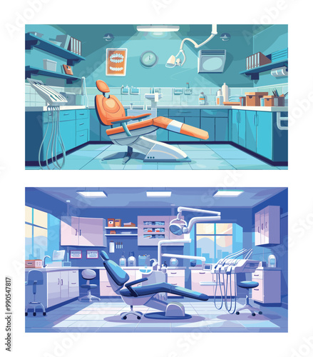 Dental clinic interior cartoon vector illustrations. Ortodontal cabinet seat armchair drills light teeth care workstation counter health tools oral hygiene items stuff equipment room medical empty
