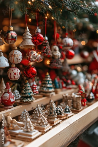 Festive, colorful Christmas market stall with handcrafted decorations, ornaments, baubles, and twinkling lights, holiday season concept