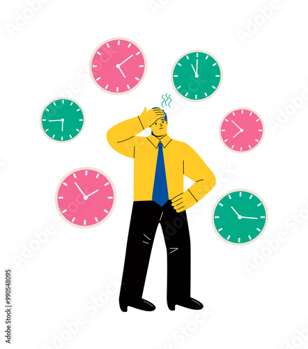 Business man is tired and depressed. Problems with missing deadlines causing troubles. Flat vector illustration isolated on white background