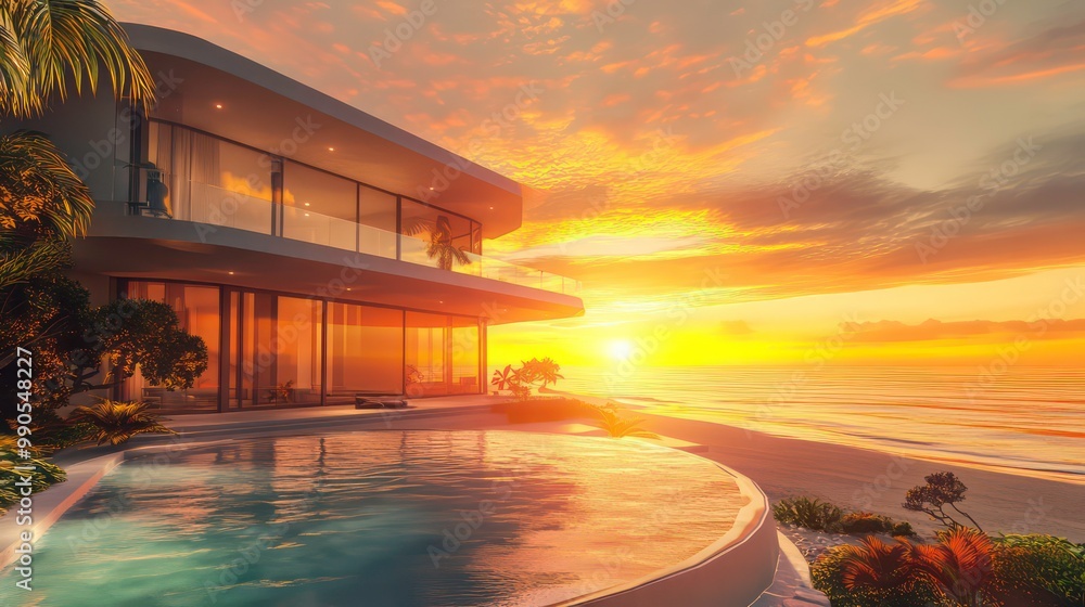 Fototapeta premium Modern house with pool at sunset, with a view of the ocean.