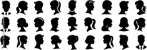 man woman silhouette profile icon collection, diverse male and female head vector, avatar illustration, business and casual styles, unique hairstyles, side view portrait symbols for graphic design