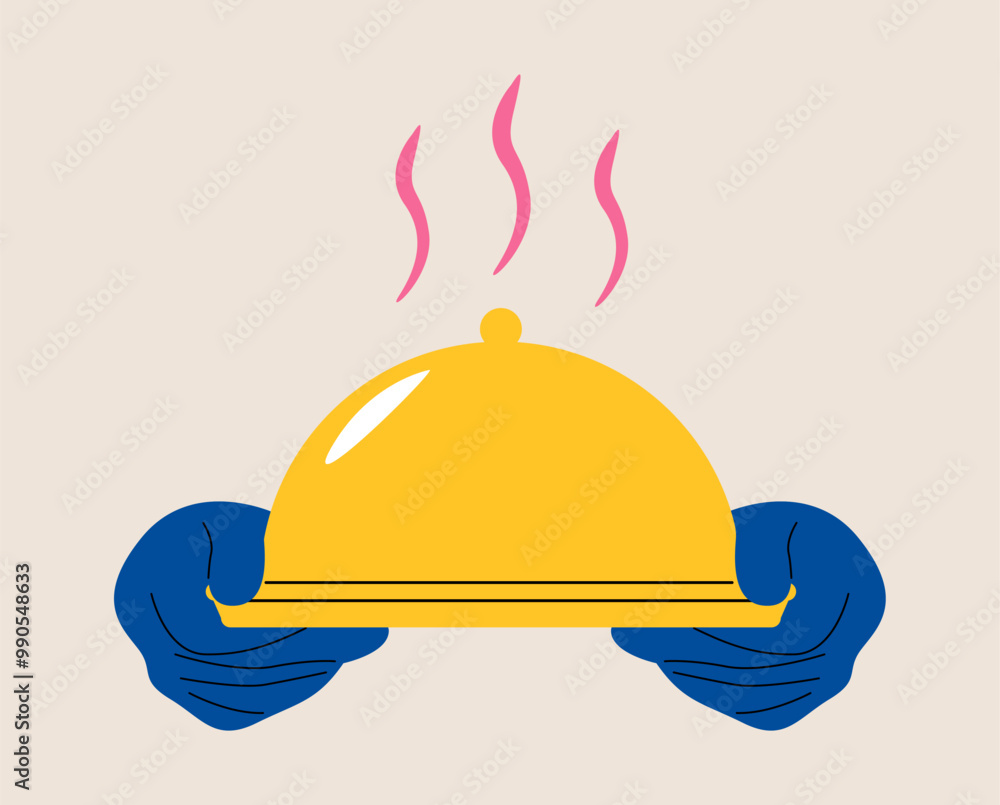 Waiter hand holding a tray platter with cloche lid. Service concept, restaurant food serving. Colorful vector illustration Waiter hand holding a tray platter with cloche lid. Service concept, restaurant food serving. Colorful vector illustration