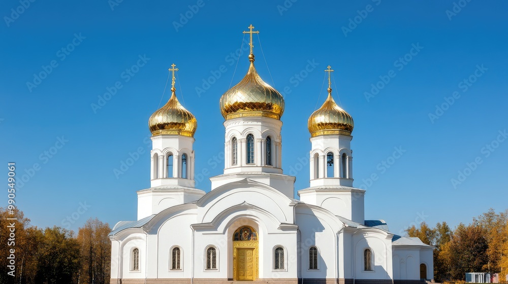 A breathtaking view of Nikolai Orthodox Church with golden domes under a clear blue sky, surrounded by lush greenery and vibrant flowers A breathtaking view of Nikolai Orthodox Church with golden domes under a clear blue sky, surrounded by lush greenery and vibrant flowers