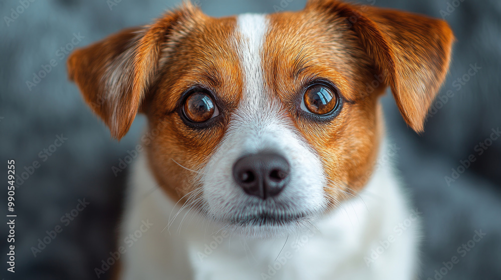 The curious dog gazes directly at the camera, showcasing its brown and white fur and lively expression while sitting comfortably indoors The curious dog gazes directly at the camera, showcasing its brown and white fur and lively expression while sitting comfortably indoors