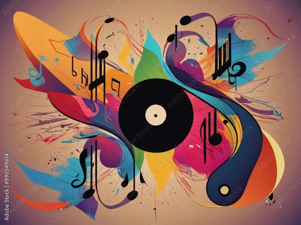 Obraz premium Vinyl record bringing colorful music notes to life