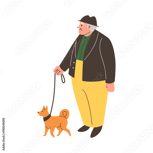 Elderly man walking with dog on a leash, vector cartoon senior owner with adorable pet, animal care and love pet friend