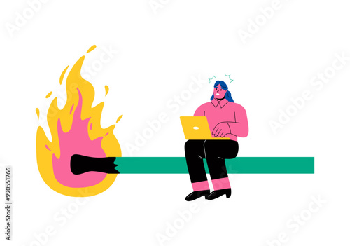 Business woman sitting worried on a burning match. Countdowns concept. Flat vector illustration isolated on white background