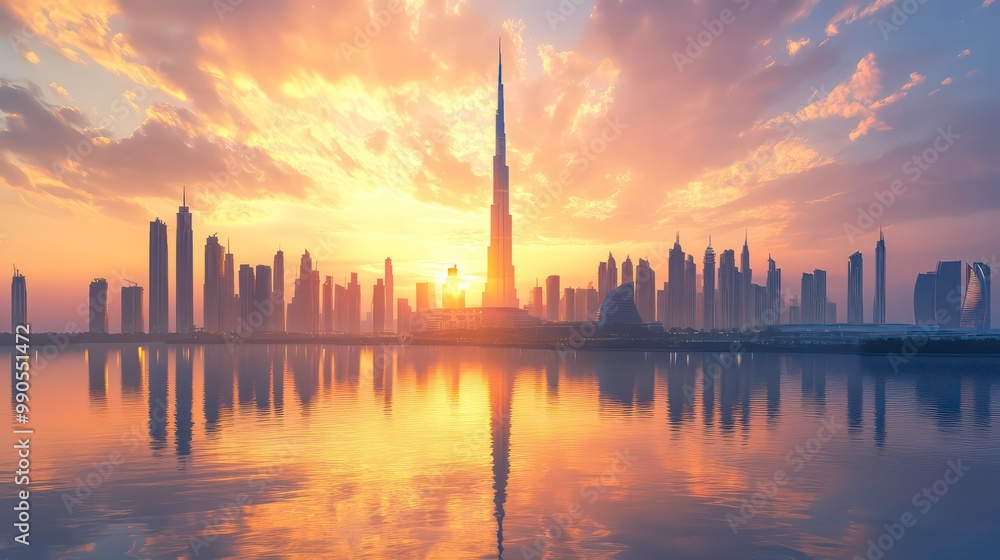 A cityscape with tall buildings silhouetted against a vibrant orange sky and reflecting on the water at sunset. A cityscape with tall buildings silhouetted against a vibrant orange sky and reflecting on the water at sunset.