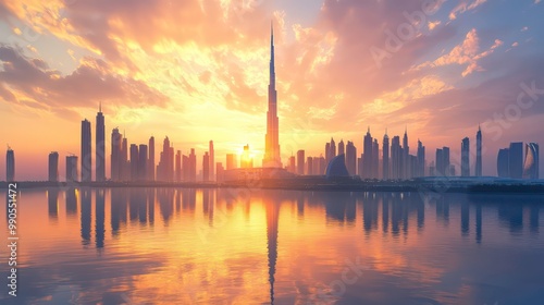 A cityscape with tall buildings silhouetted against a vibrant orange sky and reflecting on the water at sunset.