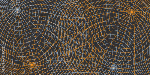 Dynamic Spiral Network Grid - Convergence of Lines, a Complex, Spiraling Circular Concentric Network of Intersecting Brown and White Lines on a Dark Background - Multi Purpose Vector Template