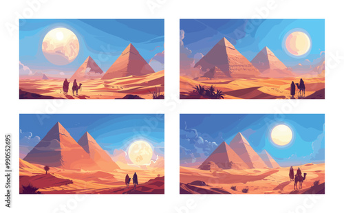Desert nomads cartoon vector scenes. Two men camel arab egyptian bedouins sand sun pyramid dune ancient landscape merchants traders travelers characters concepts illustrations