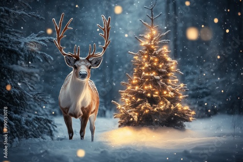 Reindeer with a Decorated Christmas Tree in a Frozen Winter Wonderland: A Festive Holiday Scene  photo