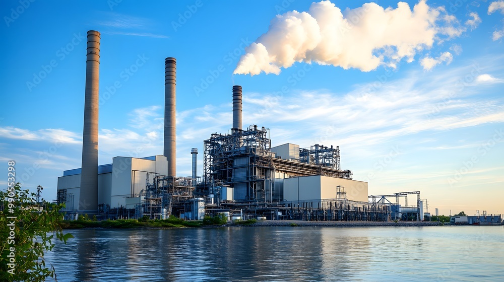 A large industrial plant is emitting smoke into the air. The sky is clear and the water is calm A large industrial plant is emitting smoke into the air. The sky is clear and the water is calm