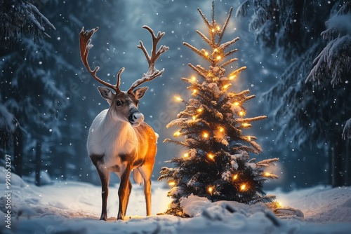 Reindeer with a Decorated Christmas Tree in a Frozen Winter Wonderland: A Festive Holiday Scene  photo