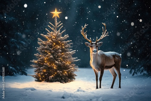 Reindeer and Christmas Tree with Decorations in a Snowy Forest: Peaceful Holiday Setting with a Decorated Tree and Icy Surroundings





 photo