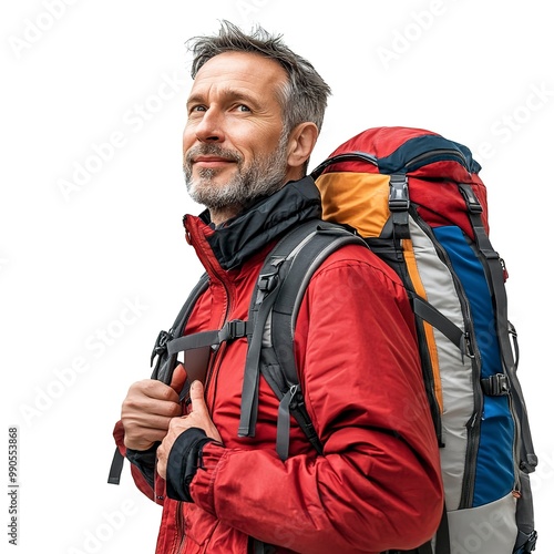 Middle aged man over isolated white background with mountaineer backpack 