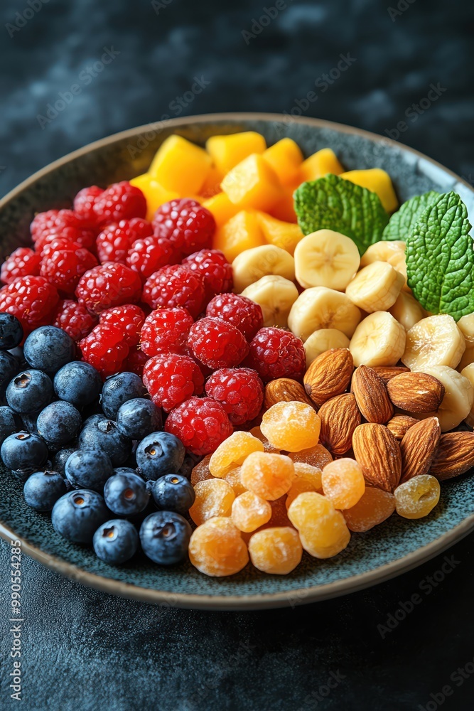 A plate of mixed dried fruits, nuts, and fresh berries on a dark background A plate of mixed dried fruits, nuts, and fresh berries on a dark background