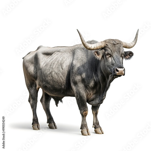 Male grey giant ox, castrated bull used as draft animal isolated on white background side view 