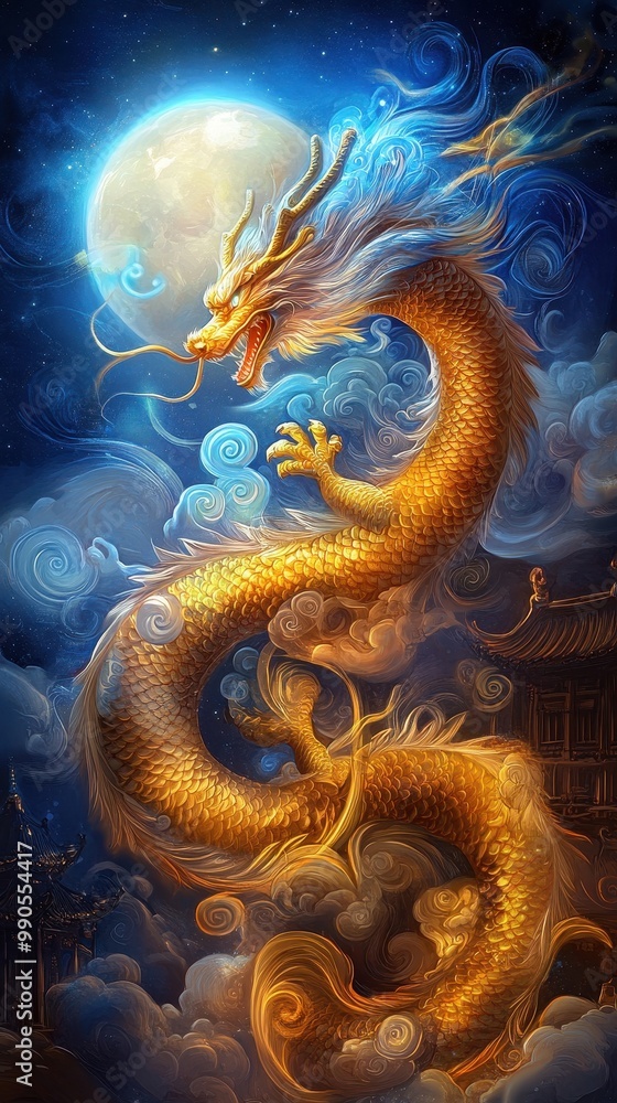 Obraz premium Fierce Chinese dragon entwined around a pagoda during a full moon