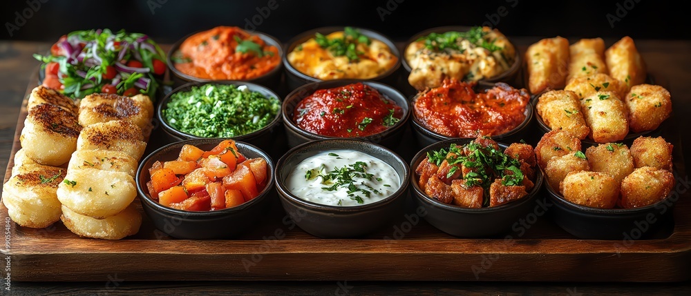 Assorted fried appetizers with dips on a wooden platter, rustic presentation Assorted fried appetizers with dips on a wooden platter, rustic presentation