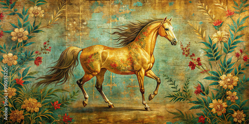 A majestic golden horse runs gracefully against a vintage floral background, showcasing power, beauty, and elegance in a timeless and artistic representation