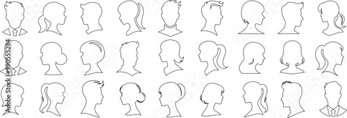 man woman profile line art head, hairstyle, men, women outline collection, variety line art. features 27 unique hairstyles, male and female head silhouettes, showcasing various hairstyles, side view