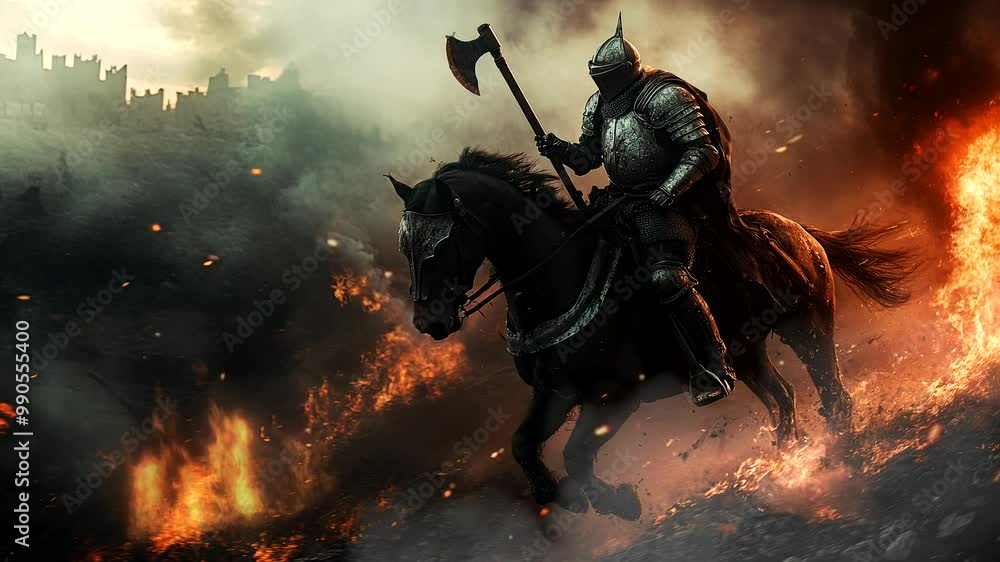 Medieval Knight Riding into Battle with Flames. Seamless looping time-lapse virtual 4k video animation background Medieval Knight Riding into Battle with Flames. Seamless looping time-lapse virtual 4k video animation background