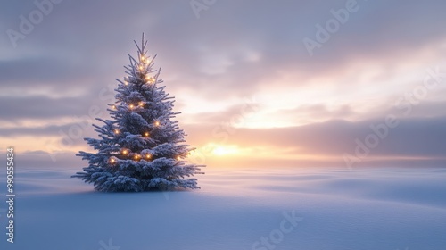 Christmas Tree on a Snow-Covered Plain: A Stunning Winter Landscape at Dawn Under a Clear Sky