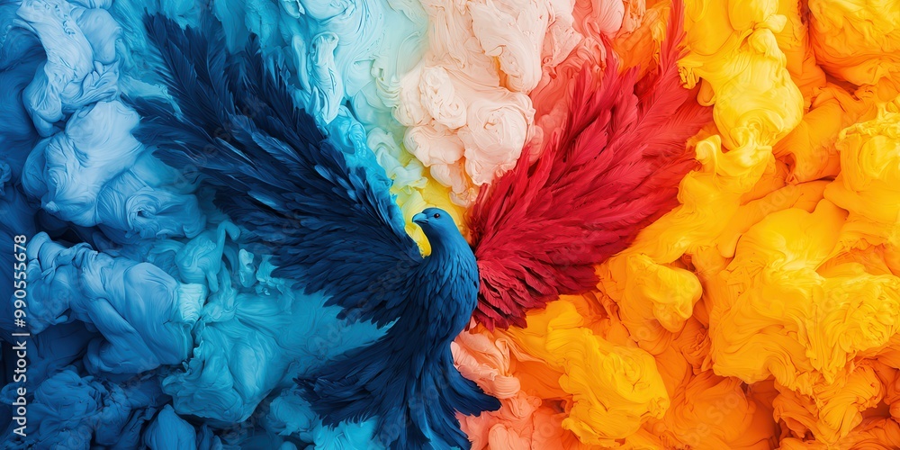 Obraz premium A vibrant abstract depiction of a mythical phoenix emerging from colorful clouds, blending shades of blue, red, yellow, and white.