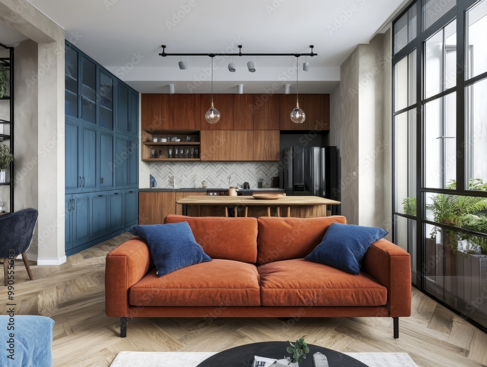 Fototapeta premium Living room concept featuring a rusty-colored couch, blue decorative elements, wooden cabinets, and a warm parquet floor that creates a modern yet cozy ambiance