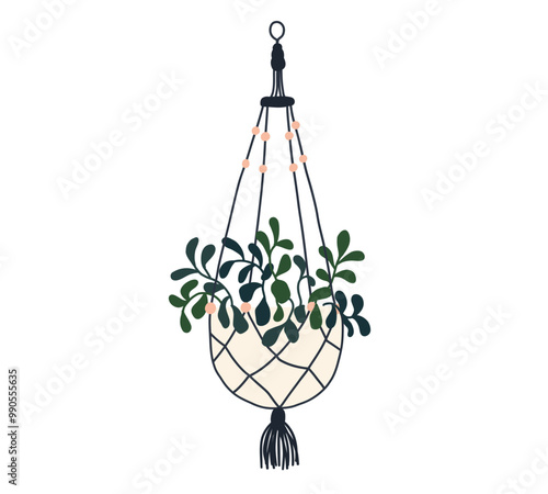 Macrame plant in pot set. Garden house indoor hanger flowerpots. Hanging macrame home plants for interior decor. Vector flat illustration