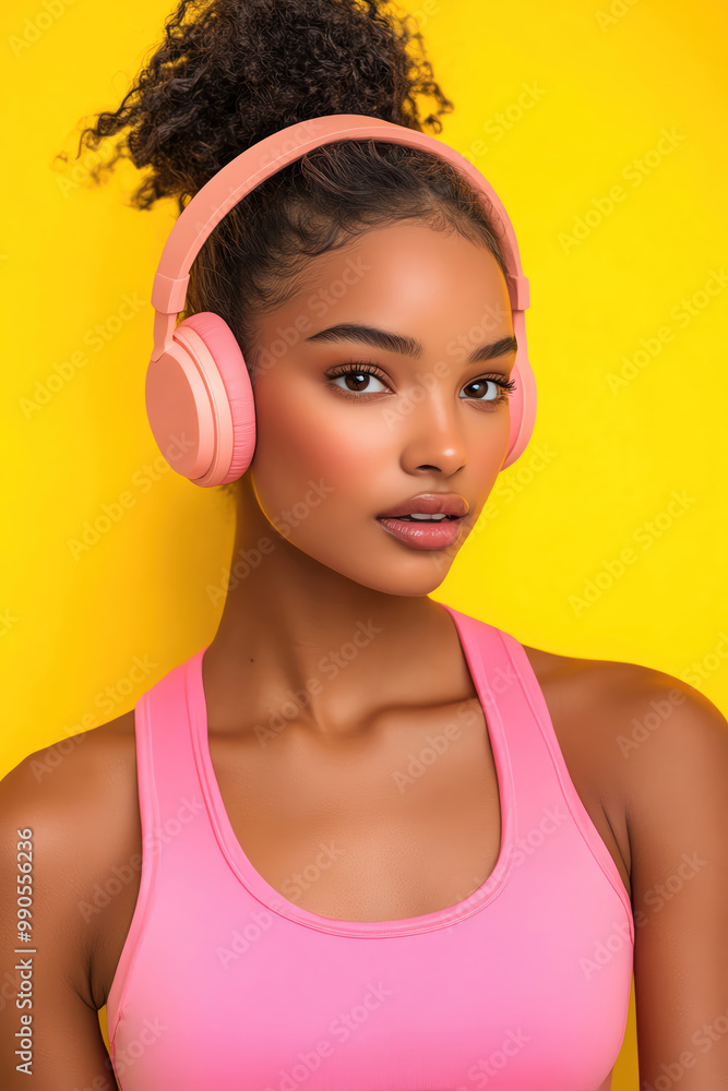 Fit woman in pink sportswear, headphones, bright yellow backdrop Fit woman in pink sportswear, headphones, bright yellow backdrop