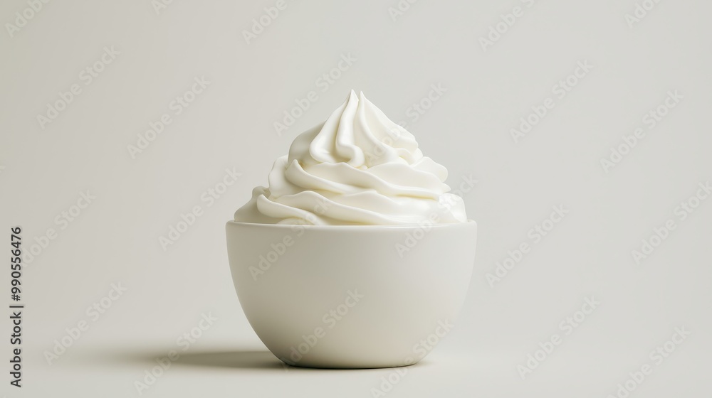 A white ceramic bowl filled with swirled sour cream, isolated on a white background. A white ceramic bowl filled with swirled sour cream, isolated on a white background.