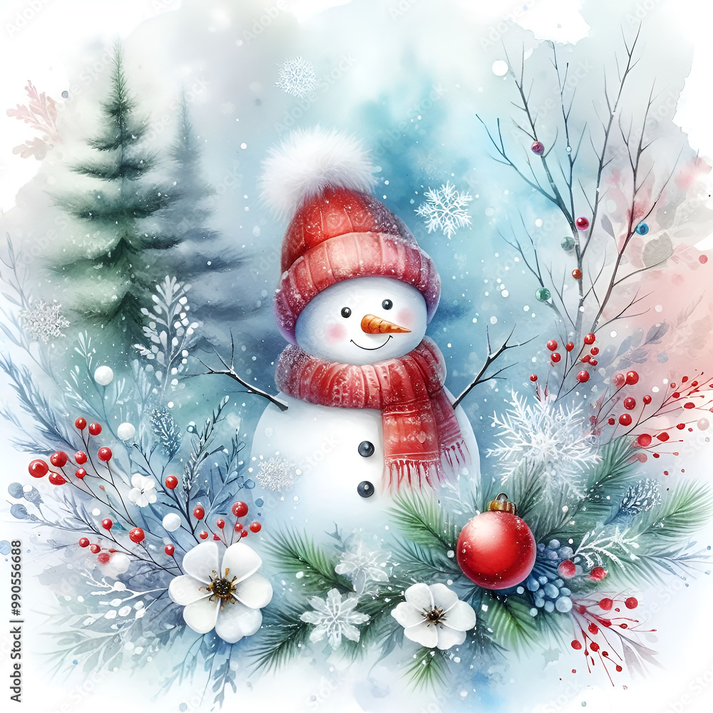 Obraz premium Abstract winter background with snowman, snowflakes, christmas pine tree, heavy snowfall, snowflakes