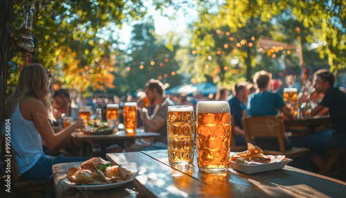 People enjoying beer garden outdoors during the daytime