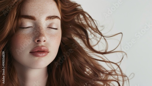 Beautiful woman with, perfect flawless skin, and eyes closed, isolated against a white background, salon skincare hair, and makeup showcasing the subject's natural beauty.