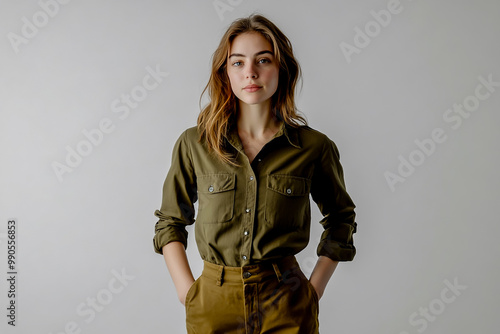 A woman stands alone on a white backdrop, dressed in a green shirt and brown trousers in a simple, casual studio shot.