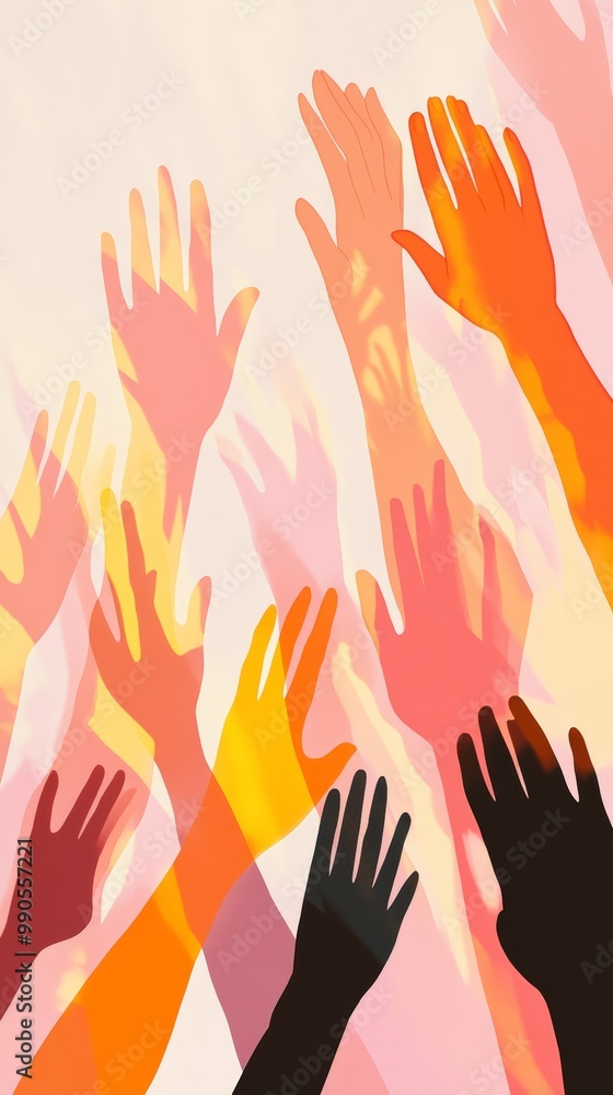 Colorful illustration of diverse hands raised in unity, celebrating diversity and community engagement. Colorful illustration of diverse hands raised in unity, celebrating diversity and community engagement.