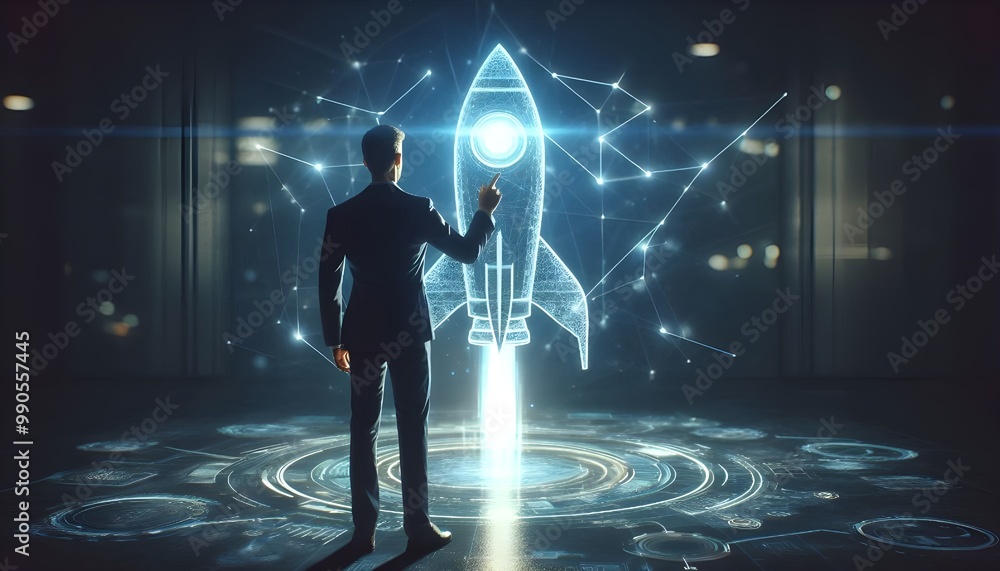 Man interacting with digital rocket hologram, symbolizing a business startup launch. Man interacting with digital rocket hologram, symbolizing a business startup launch.