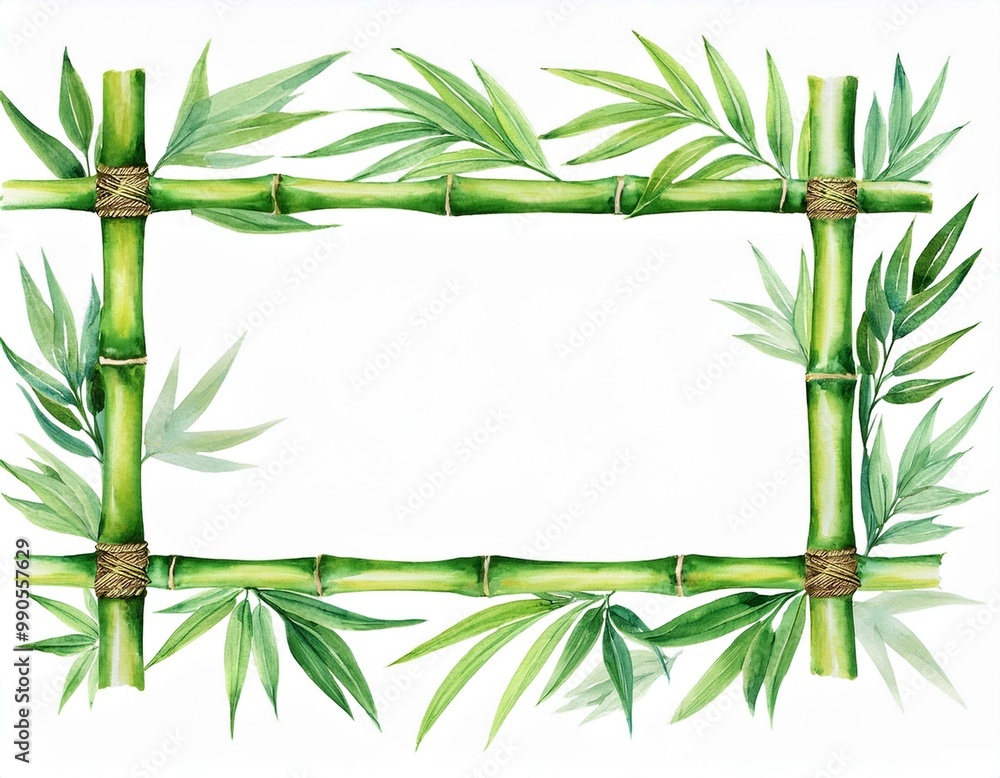 Fototapeta premium Bamboo frame isolated on white background. Bamboo with green leaves. Hand painted watercolor illustration. Realistic botanical art. Template