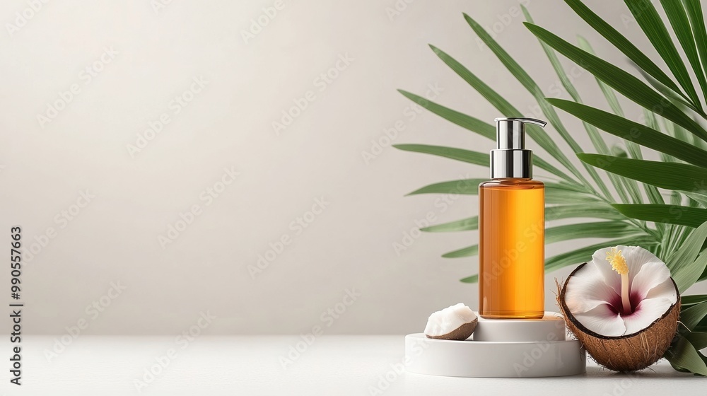 Elegant bottle of essential oil next to coconut and flower, set against a soft background, ideal for wellness and beauty themes. Elegant bottle of essential oil next to coconut and flower, set against a soft background, ideal for wellness and beauty themes.