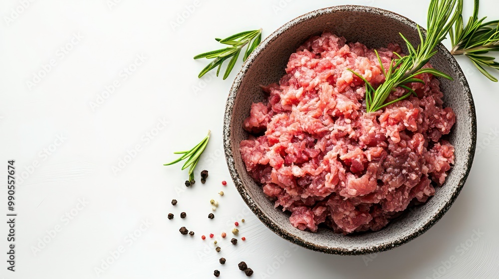 Raw ground meat in a bowl with sprigs of rosemary and peppercorns on a white background. Raw ground meat in a bowl with sprigs of rosemary and peppercorns on a white background.