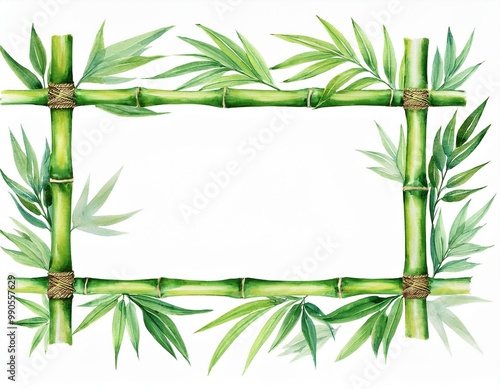 Bamboo frame isolated on white background. Bamboo with green leaves. Hand painted watercolor illustration. Realistic botanical art. Template