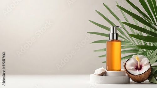 Wallpaper Mural Elegant bottle of essential oil next to coconut and flower, set against a soft background, ideal for wellness and beauty themes. Torontodigital.ca
