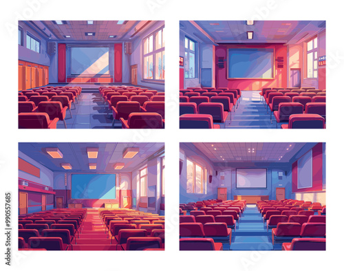 Educational hall cartoon vector scenes. Chairs rows seats screen windows columns doors conference assembly empty interior concepts