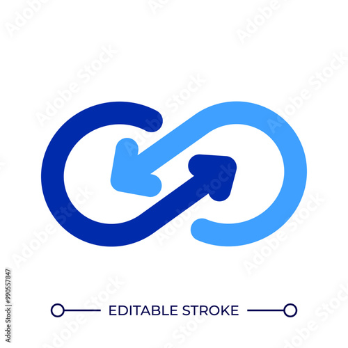Infinite loop RGB color icon. Ongoing process. Seamless integration. Continuous cycle. Arrows as infinity symbol. Isolated vector illustration. Simple filled line drawing. Editable stroke